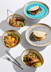 Bao Buns, Fried Rice, and Noodles Modern Asian Cuisine in High-Key Lighting