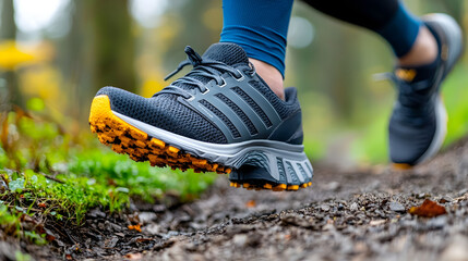 Energetic outdoor run on a rugged dirt trail with motion blurred running shoes in the foreground conveying a sense of dynamic movement and an active healthy lifestyle in a natural setting