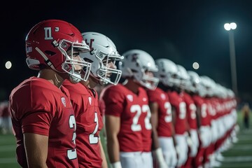 American Football Players Lined Up On Field.