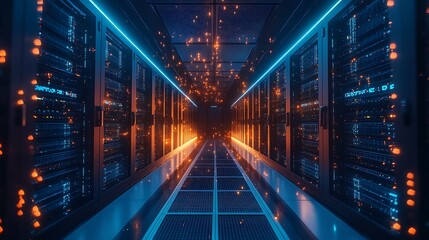Fototapeta premium A modern data center with holographic data streams connecting server racks, glowing with neon blue lights against a dark, sleek background.