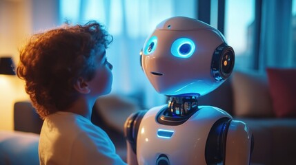 A young boy looks up at a friendly humanoid robot with curiosity and wonder.