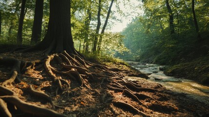 Fototapeta premium A sprawling tree root system spreading out across the forest floor, exposed by erosion