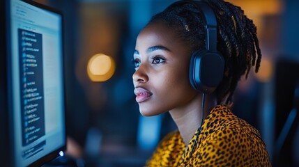 Woman in Headphones Focused on Computer Screen