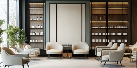 Obraz premium An interior mockup of a stylish salon with a shelf with accessories and armchairs.