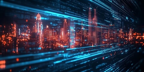 Fototapeta premium A night city surrounded by an abstract gradient blue and red glowing light trail, a smart city utilizing big data technology