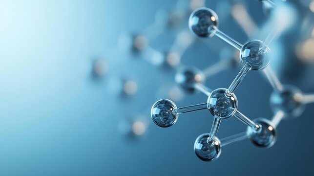 Close-up of molecular chains with glowing atomic particles, floating in a blue ethereal background, showcasing biochemical interactions, Molecular Dynamics, Biochemical Processes