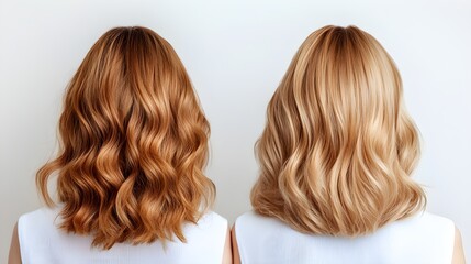 Fototapeta premium Before and after curly hair transformation using honey, showcasing dry, frizzy hair before, and soft, bouncy, shiny curls after natural honey treatment
