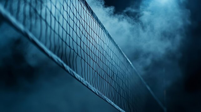 Hauntingly dramatic volleyball net enveloped in smoke, suggesting a mysterious game setting or powerful sports moment, Volleyball in Fog, Moody Sports Scene