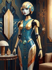 Beautiful Art Deco pattern Female Robot in a futuristic art deco living room at dawn
