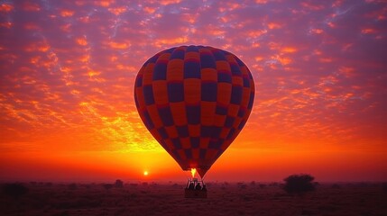 Obraz premium A vibrant hot air balloon at sunrise against a colorful sky.