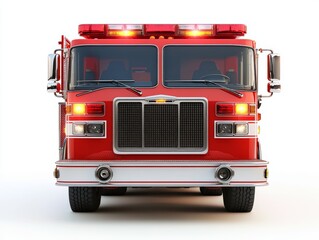 A bright red fire truck with detailed lights, isolated on a white background
