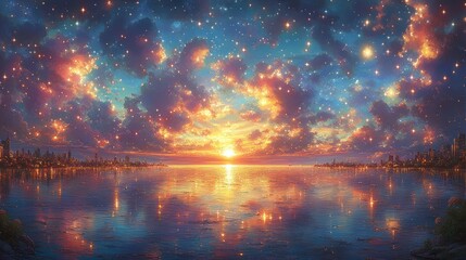 Fototapeta premium A vibrant sunset over a tranquil lake with starry skies.