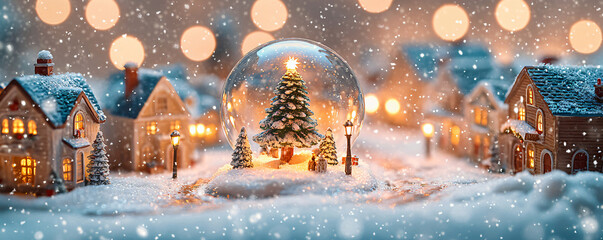 Obraz premium A close-up of a snow globe with a Christmas village, glowing tree, and swirling snowflakes