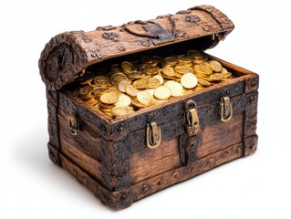 A detailed pirates treasure chest filled with gold coins, isolated on a white background