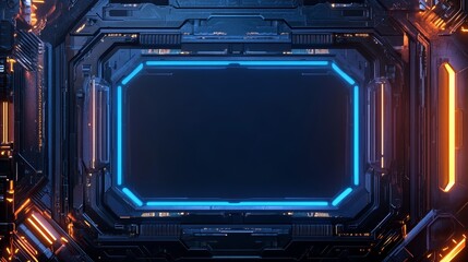 Futuristic Sci Fi Frame with Neon Blue Lights and Holographic Patterns