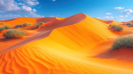 Naklejka premium Vast orange sand dunes under a blue sky with scattered vegetation.