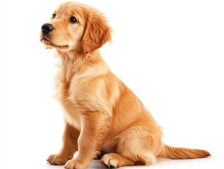 A golden retriever puppy sitting, isolated on a white background
