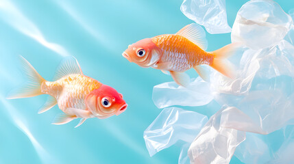 Fototapeta premium Plastic bags float amidst vibrant fish in the ocean, the devastating impact of pollution on marine wildlife and ecosystems, the urgent need for marine conservation and environmental action.