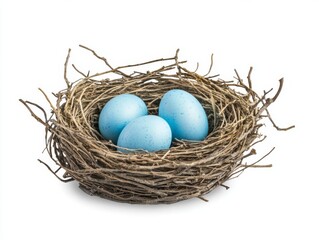 Obraz premium A realistic bird nest with three blue eggs, isolated on a white background