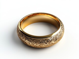 A shiny golden ring with intricate engravings, isolated on a white background 