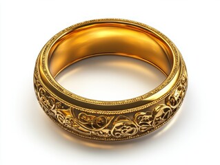 A shiny golden ring with intricate engravings, isolated on a white background 