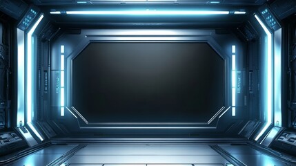 Futuristic Sci Fi Corridor with Blue Neon Lights and Blank Space