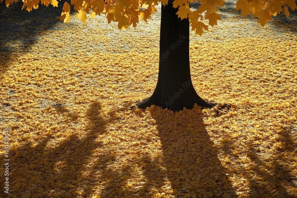 Wall mural A tree with golden leaves in the fall, casting long shadows on the ground