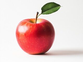 A single vibrant red apple with a leaf attached, isolated on a white background