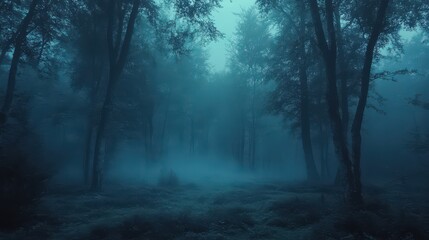 Mysterious Foggy Forest at Night.