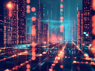 Futuristic Digital Cityscape with Abstract Data Streams and Neon Lights Representing Smart Cities and Virtual Technology in a High-Tech Concept