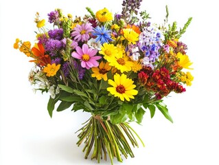 Obraz premium A vibrant bouquet of wildflowers, tightly arranged and isolated on a white background