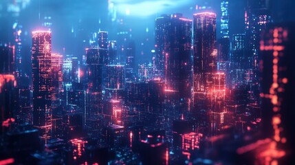 Futuristic digital cityscape made of glowing cubes AI generated image