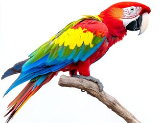 Fototapeta premium A vibrant parrot sitting on a perch, isolated on a white background 