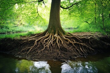 Fototapeta premium root system stretching deep into the soil, visible near a riverbank