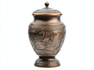 Ornate Brass Urn With Intricate Floral Engravings Against A White Background