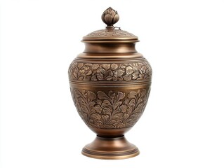 Ornate Brass Urn With Intricate Floral Engravings Against A White Background