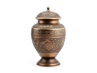 Ornate Brass Urn With Intricate Floral Engravings Against A White Background