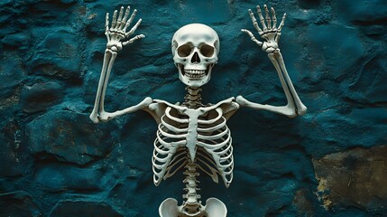 A skeleton with both hands raised, standing on a dark blue stone wall background. Halloween concept