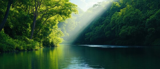 Sunbeams Illuminate Calm River Flowing Through Lush Forest