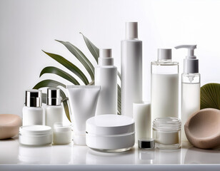 Productos de higiene cosmetica personal sin marca sobre fondo blanco