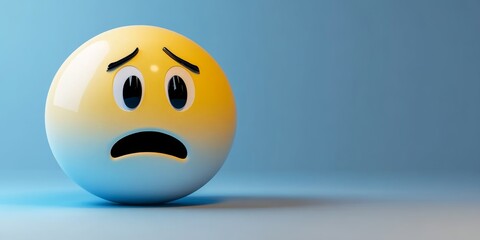 Fototapeta premium A large, 3D light blue emoji positioned off-center to the left with a confused expression, furrowed brow, and a twisted mouth, on a smooth light blue background with copy space on the right