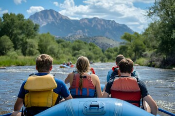 Photo of a family white-water rafting on the Colorado River, with a forest and mountains in the background