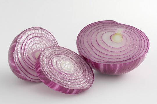 Purple onion cut in half revealing intricate inner layers and vibrant hue contrasting with the white background.