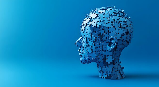 Photo of a head made from puzzle pieces on a blue background, representing mental health and the concept of designing with the brain for a design banner or card