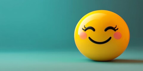 Fototapeta premium A large, 3D yellow emoji positioned off-center to the left with a shy smile and blushing cheeks, on a smooth teal background with room for copy on the right. 