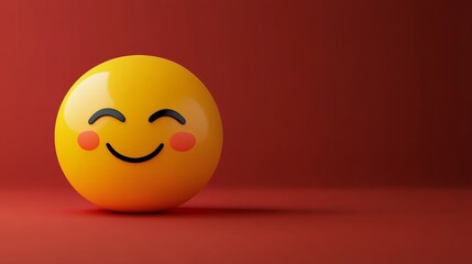 A large, 3D yellow emoji positioned off-center to the left with a shy expression, blushing cheeks, and closed eyes, against a smooth red background with copy space on the right.