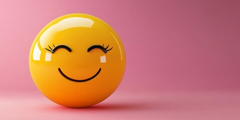 Fototapeta premium A large, 3D yellow emoji positioned off-center to the left with a playful expression, winking one eye and a teasing smile, against a smooth pink background with room for text on the right.