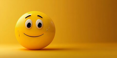 A large, 3D yellow emoji positioned off-center to the left with an anxious expression, wide eyes and sweat drops, on a smooth yellow background with plenty of space for text on the right.