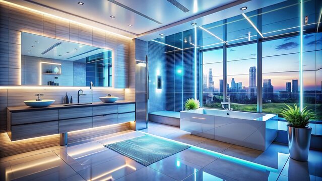 Futuristic Bathroom Design in White and Blue Tones Showcasing Cleanliness and Advanced Technology