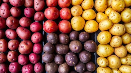 A variety of potato types, from russet to red, arranged neatly in a visually appealing way